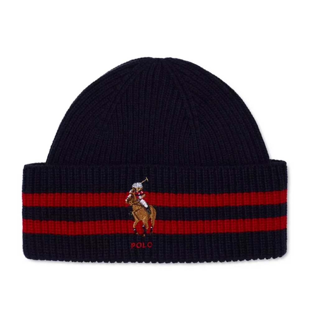 Polo RALPH LAUREN Men's Beanie Hat Polo Riding Bear Striped Cuff Skully